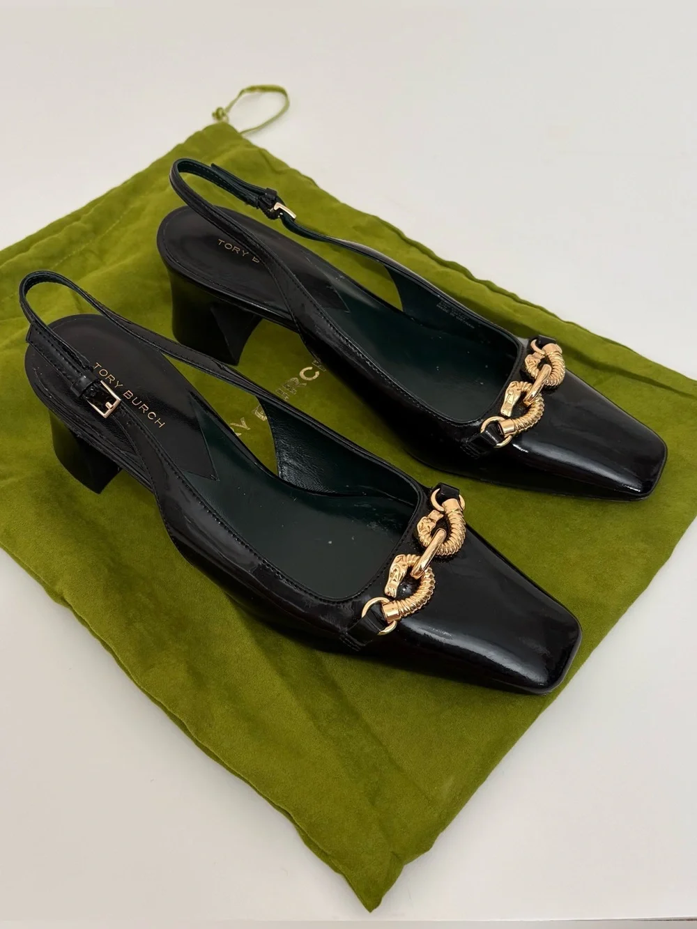 Tory Burch Jessa Heeled Slingbacks Black Gold Horsehead Hardware Womens 7.5